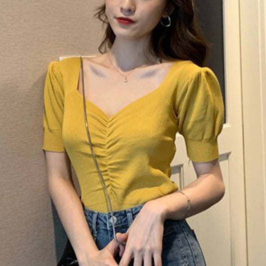 VINTAGE V-NECK PUFFY SLEEVE KNIT BASE T-SHIRT