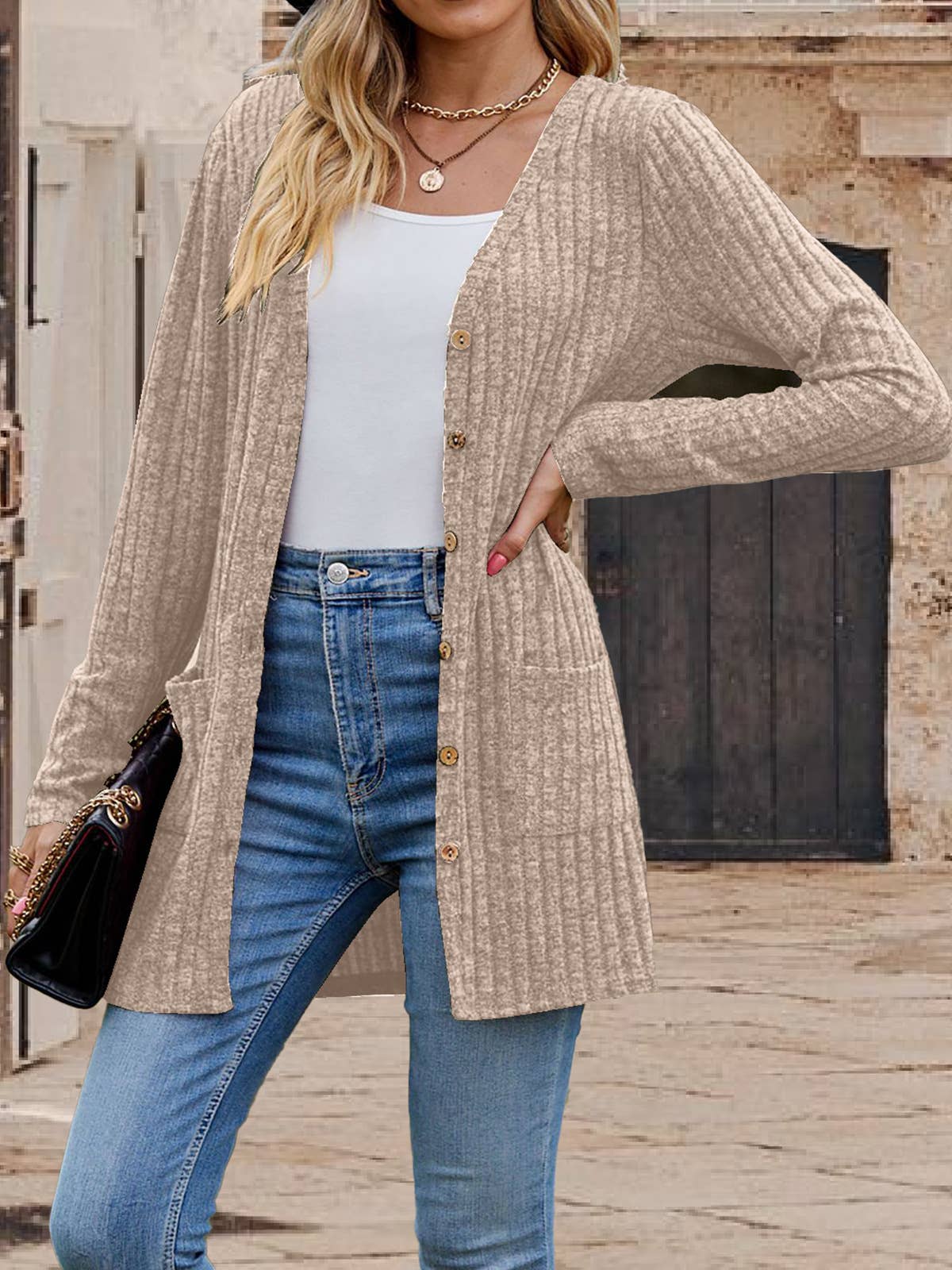 Single - buttoned V-neck pit strip cardigan