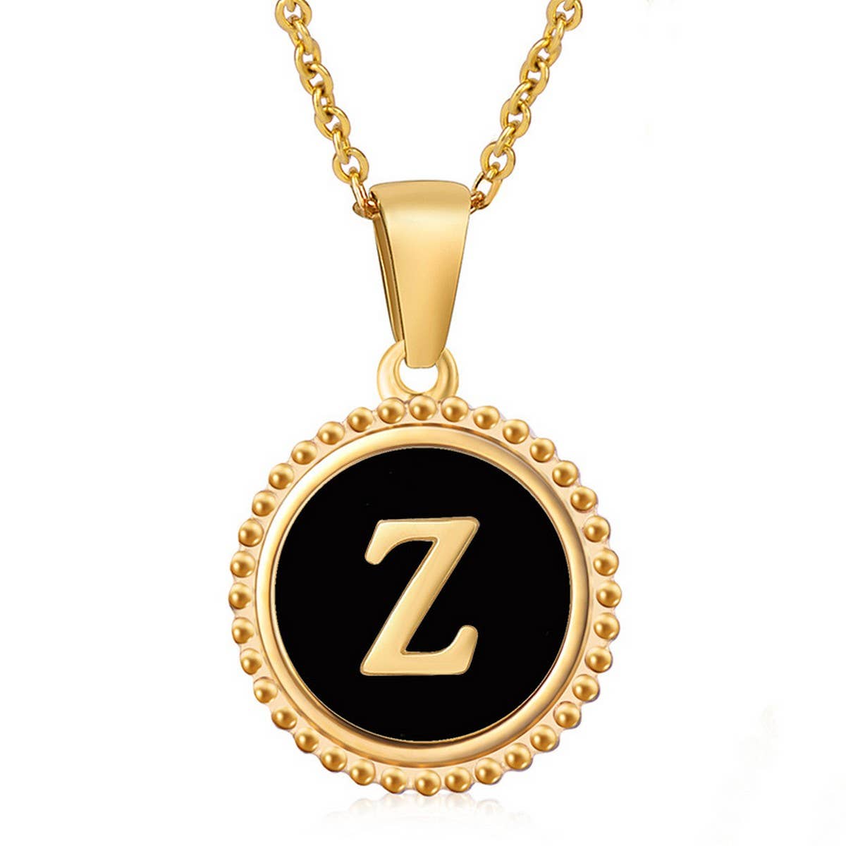 CWAJE1941_Simple Round Black Shell Letter Necklace