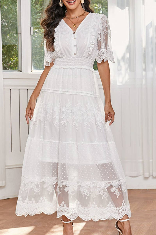 CWDMD3190_LACE SPLICING V-NECK WAIST WAIST DRESS LONG