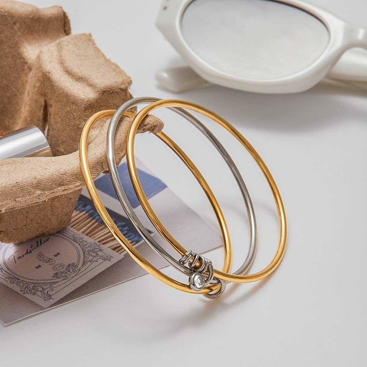 Classic 18K Gold Silver Zircon Bangle, Size 60