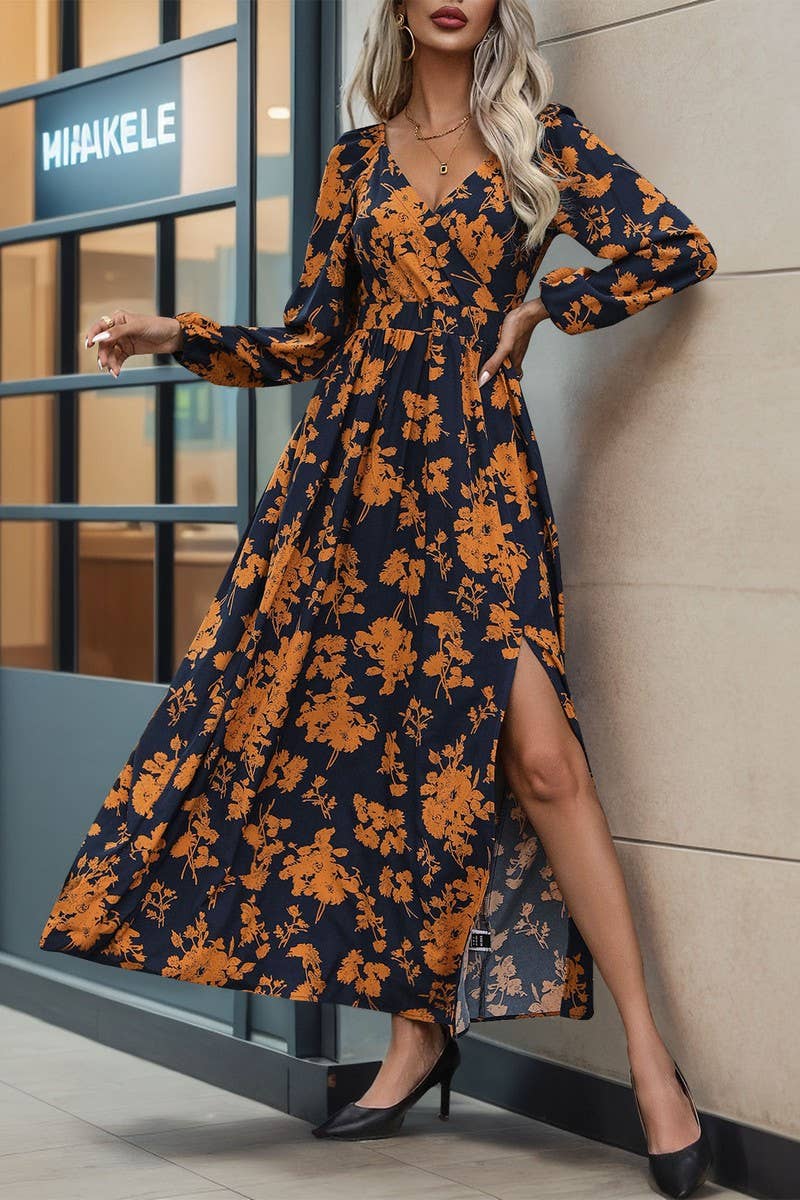 CWDMD4865_NEW AUTUMN LONG SLEEVE V-NECK PRINTED DRESS