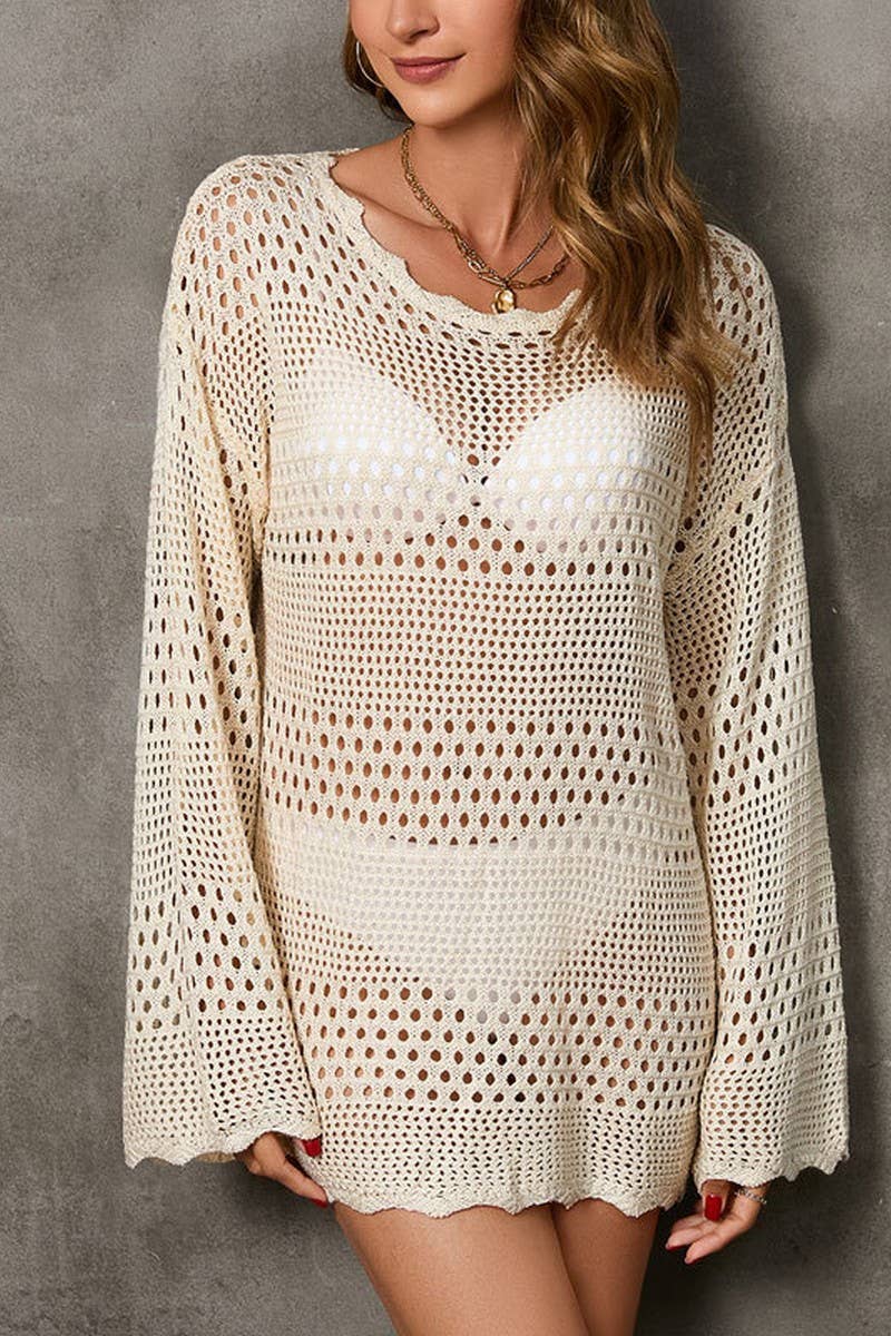 CWTBLL3657_HOLLOW KNIT CARDIGAN BELL SLEEVE BEACH DRESS
