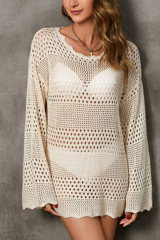 CWTBLL3657_HOLLOW KNIT CARDIGAN BELL SLEEVE BEACH DRESS