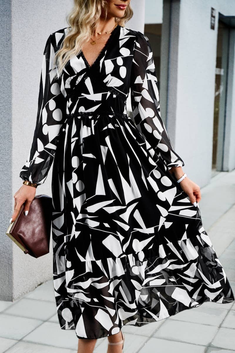 CWDMD3622_AUTUMN CASUAL PRINT V-NECK LONG-SLEEVED DRESS