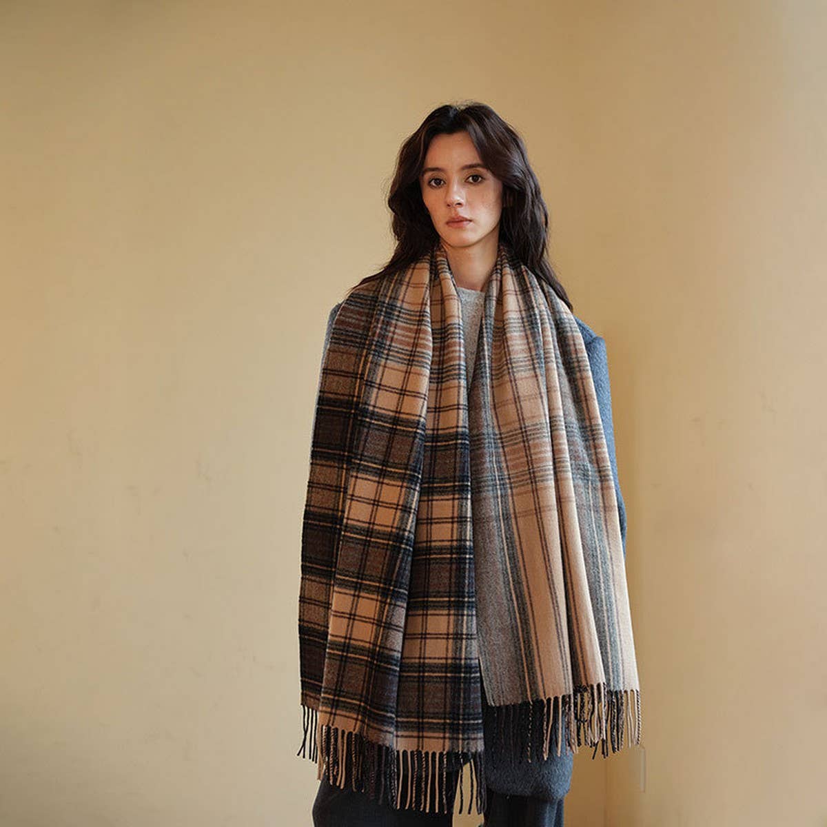 Melange Check Wool Scarf Double-Sided Shawl Unisex