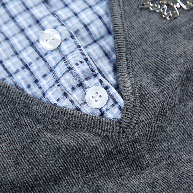 PREPPY PATCHWORK SHIRT NECK LONG-SLEEVED DRESS