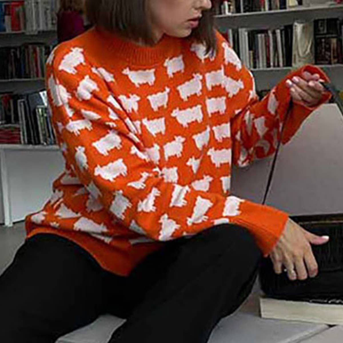 SHEEP PRINT LOOSE CASUAL PULLOVER SWEATER