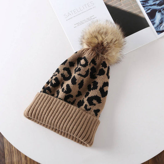 CASUAL WARM LEOPARD FUR BALL PATTERN KNITTED HAT_CWAH2174