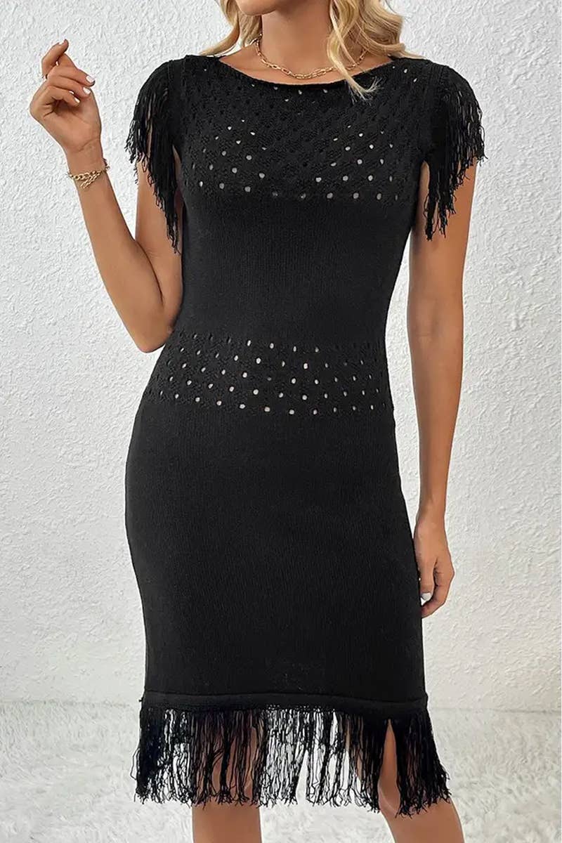 CWDMD4847_SPRING AND SUMMER FASHION TASSEL KNITTED DRESS