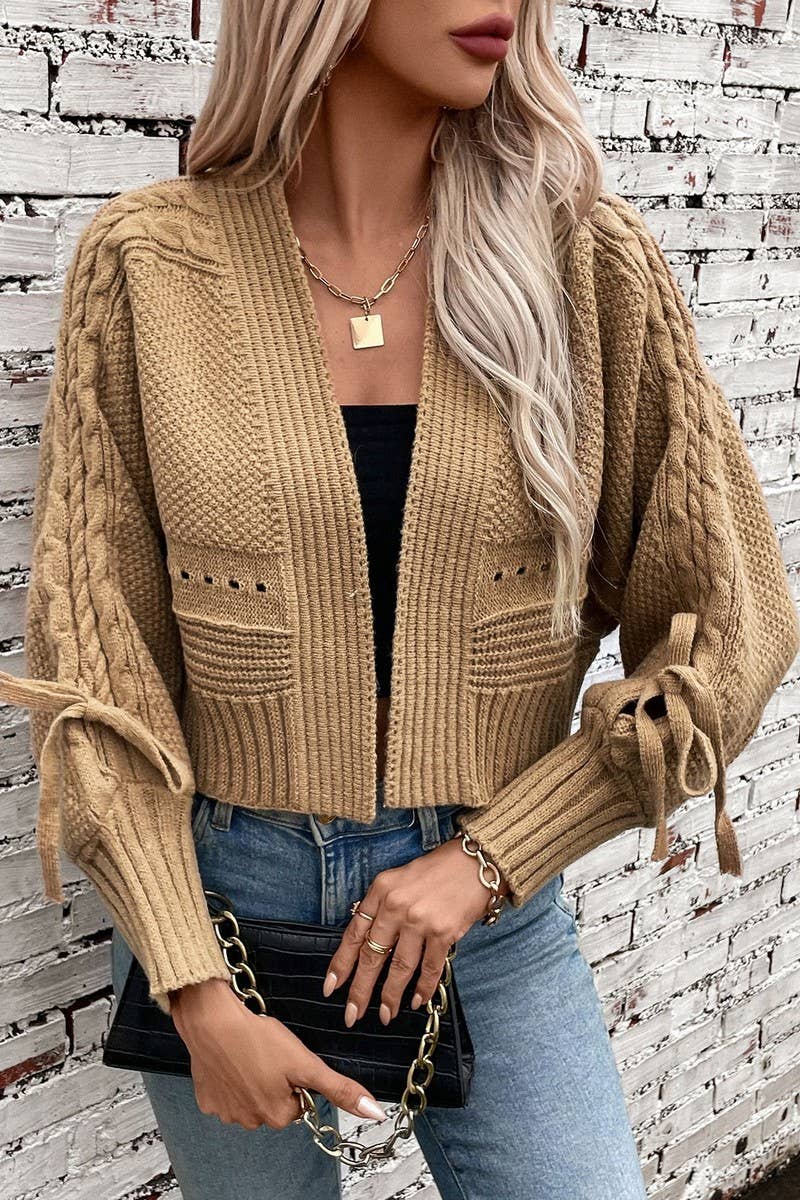 CWOCAL0850_LONG SLEEVE BOW TIE KNIT CARDIGAN SWEATER