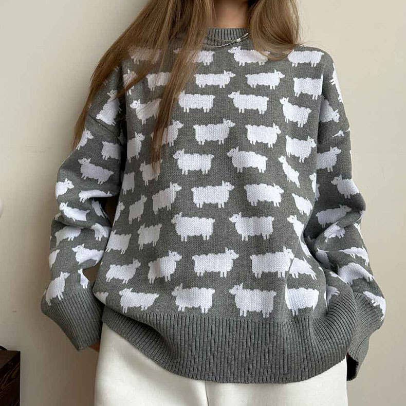 SHEEP PRINT LOOSE CASUAL PULLOVER SWEATER