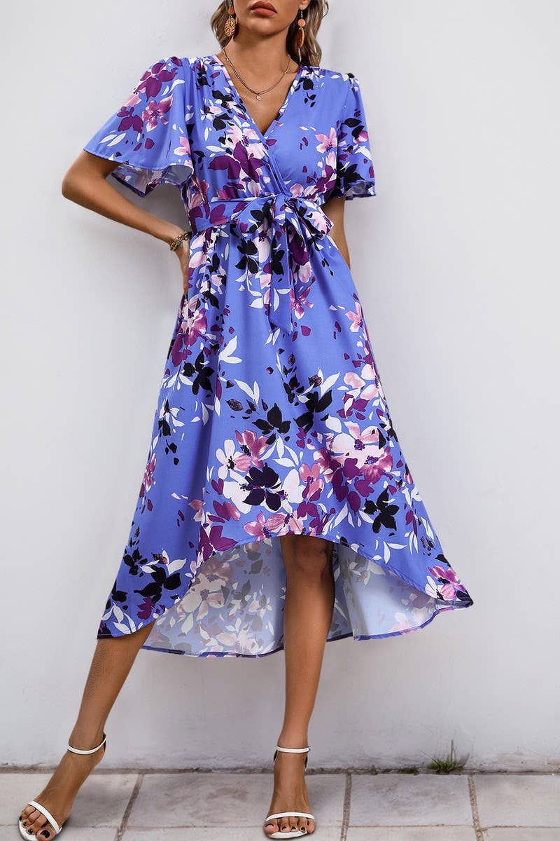 CWDMD4669_SUMMER RETRO PRINT LACE-UP WRAP V-NECK DRESS