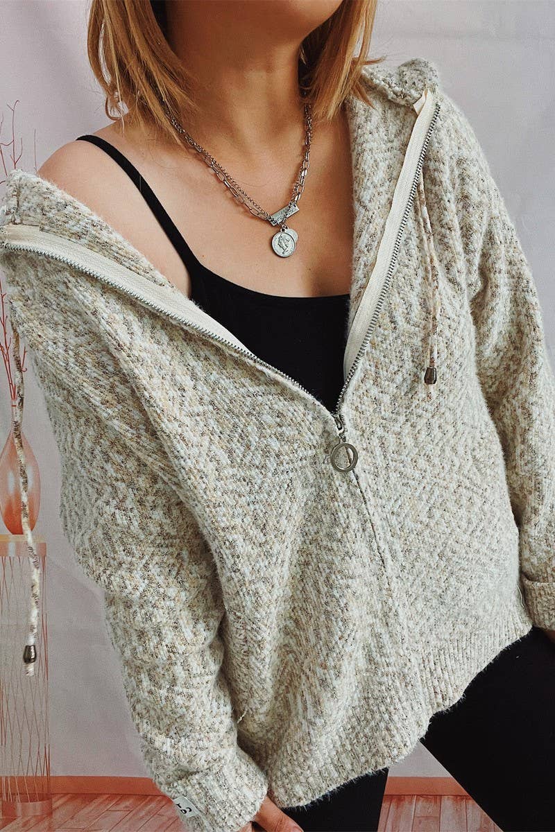 Hooded drawstring zipper pocket knit cardigan