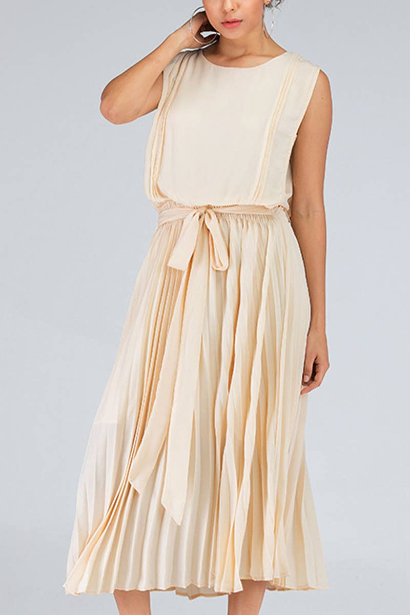 PINCHED BOW PLEATED CHIFFON SLEEVELESS DRESS