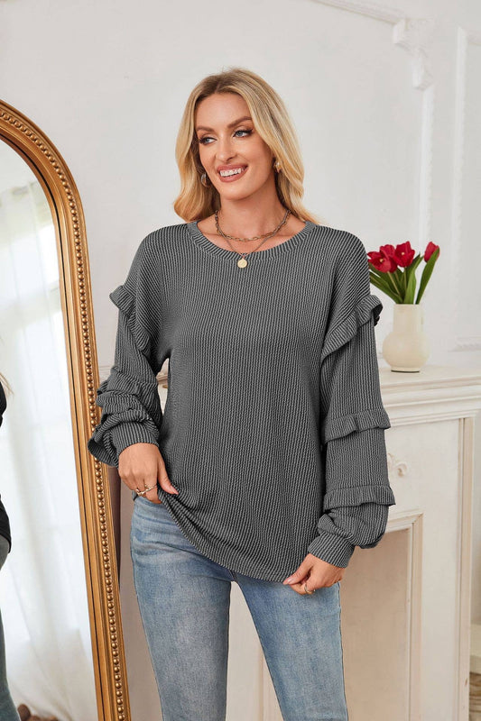 Lantern Sleeve round collar pullover top