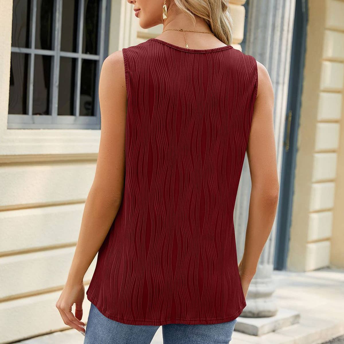 SOLID COLOR ROUND NECK SLEEVELESS METAL HOOP VEST_CWTTK0336