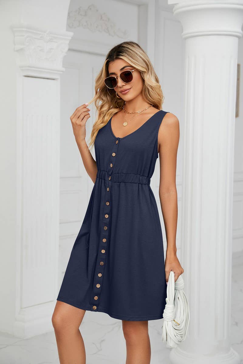 CWDSD3114_ROUND NECK SLEEVELESS BUTTON POCKET WAIST DRESS