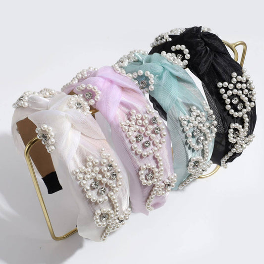 WIDE KNOTTED HEADBAND MESH PEARL HEADBAND