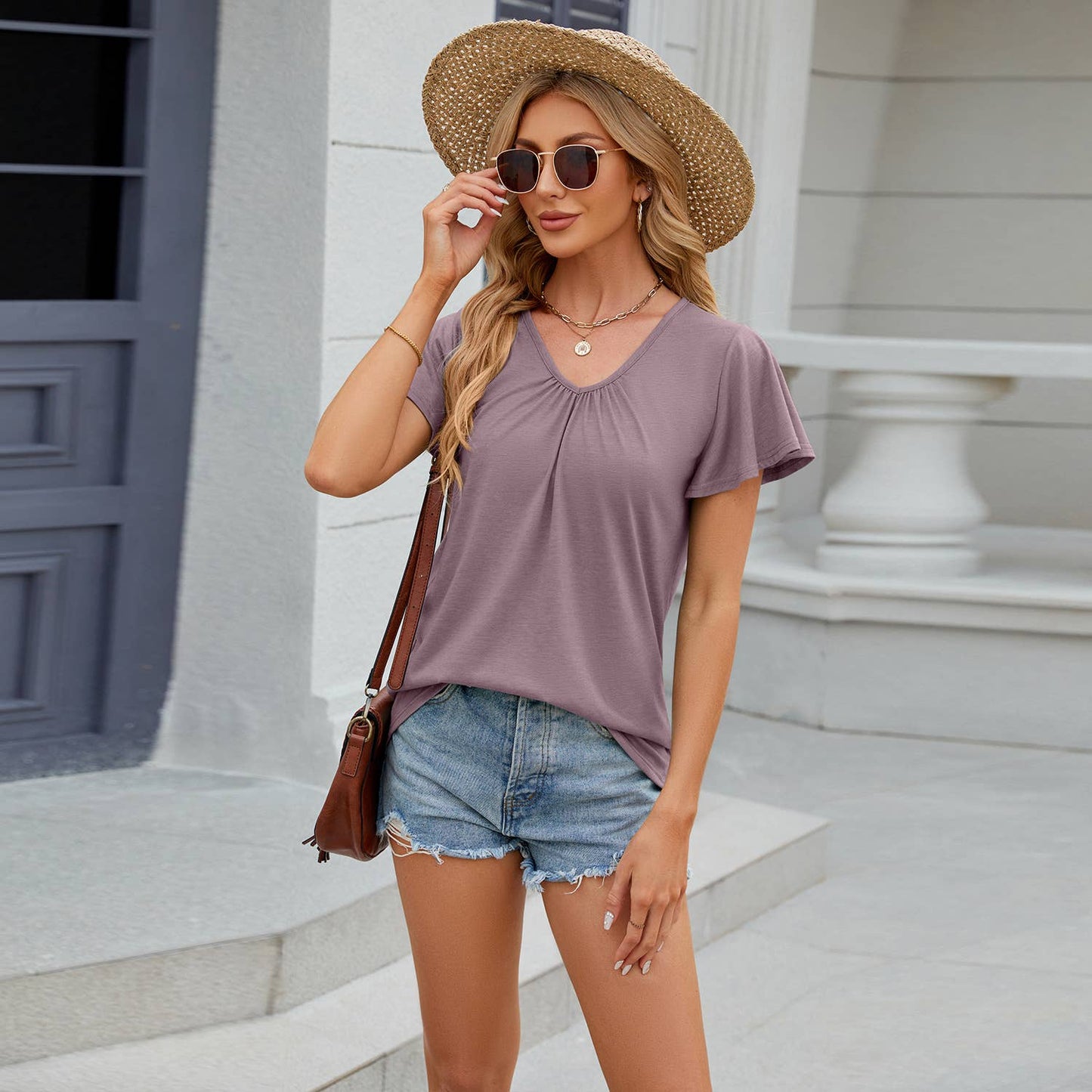 Solid color pleated V-neck loose short sleeve