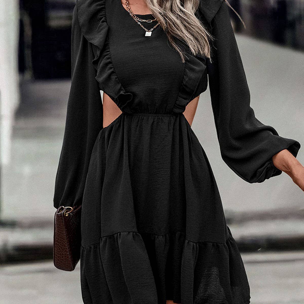 Solid color cutout ruffled patchwork dress