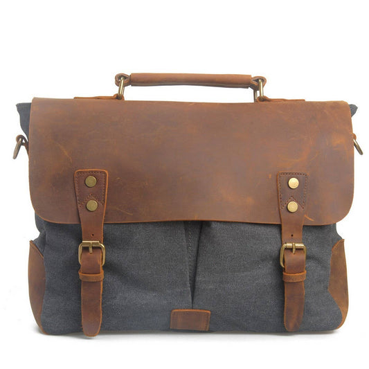 Vintage Leather & Canvas Satchel Messenger Bag_CWAB5565