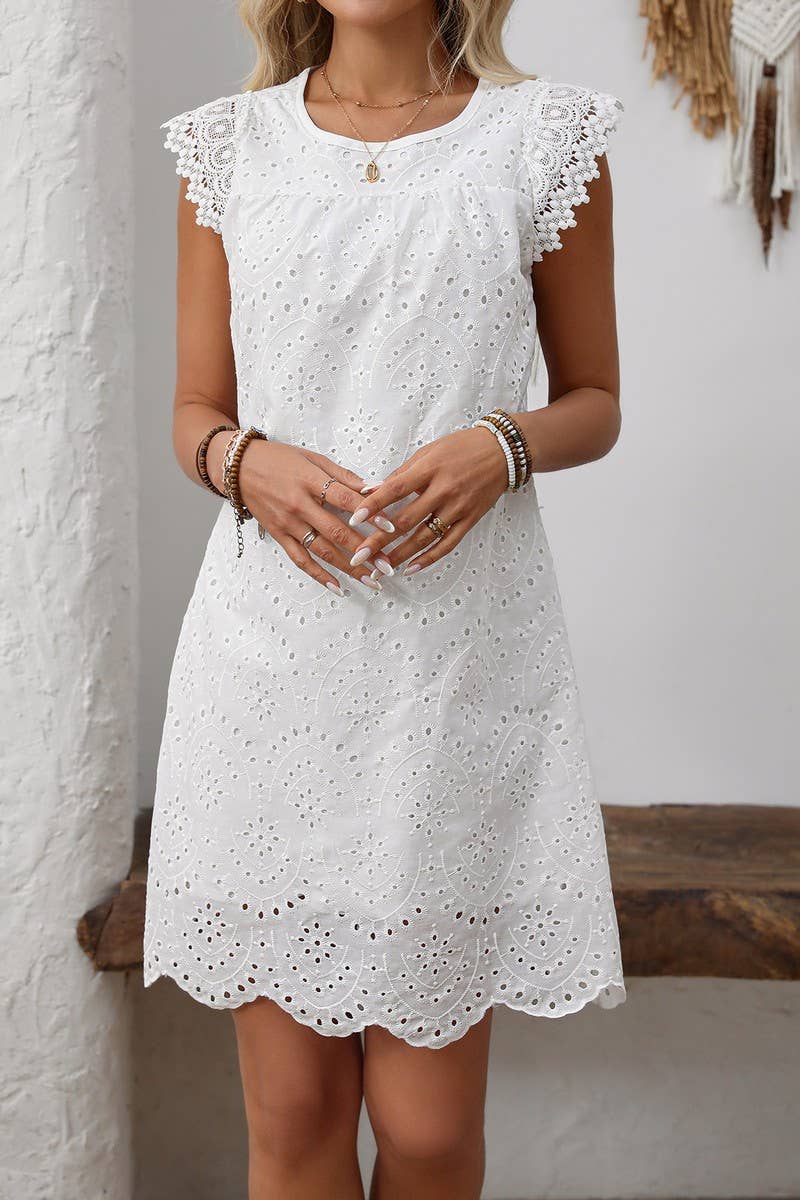 CWDSD8219_SUMMER SHORT-SLEEVED SOLID COLOR HOLLOW DRESS