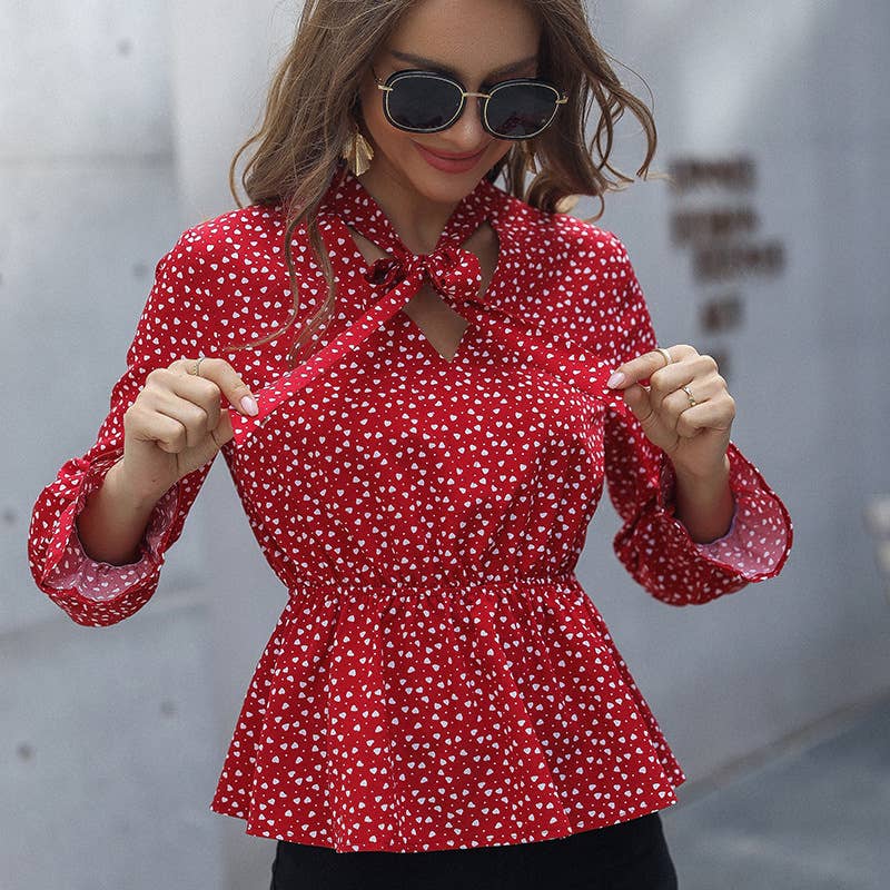 SLIM-FIT PRINTED LACE-UP JUMPER RED CHIFFON SHIRT
