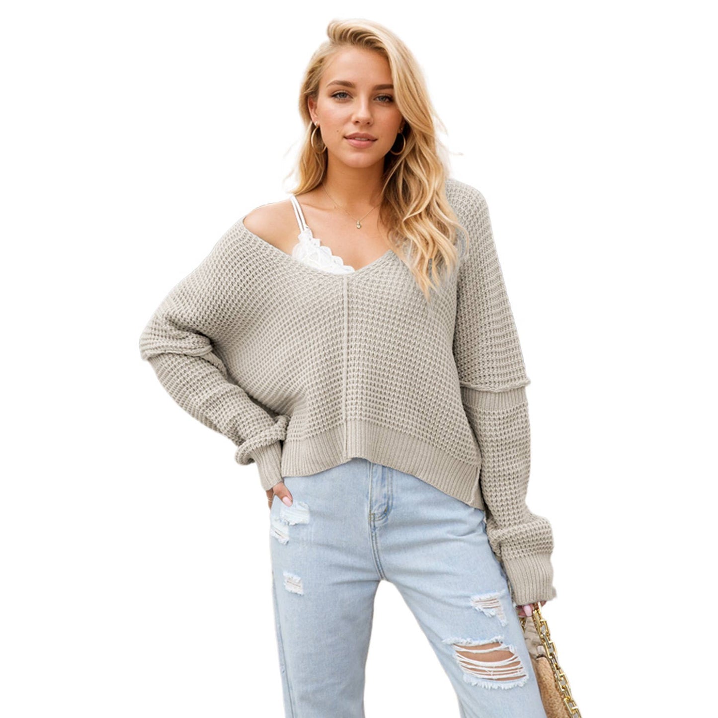 V-NECK OFF-THE-SHOULDER LOOSE-FITTING SWEATER
