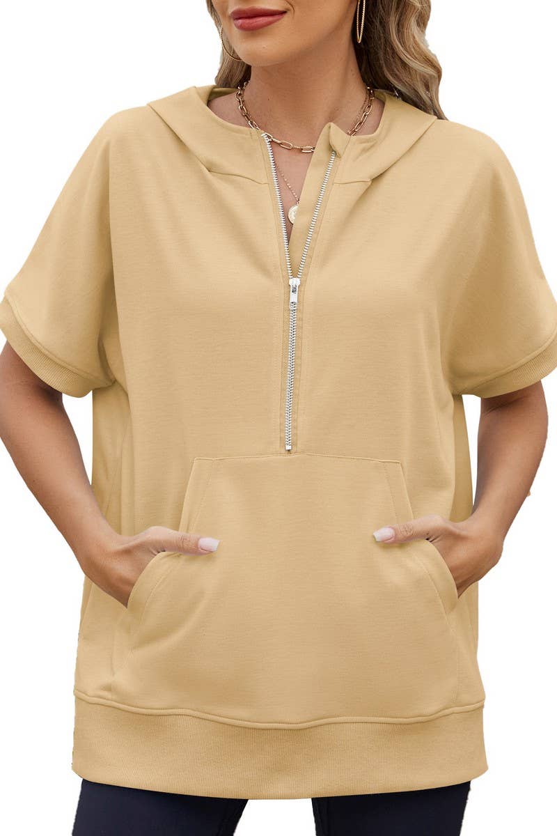 CWOHOS0018_LOOSE FIT ZIPPER SHORT SLEEVE HOODED SWEATSHIRT