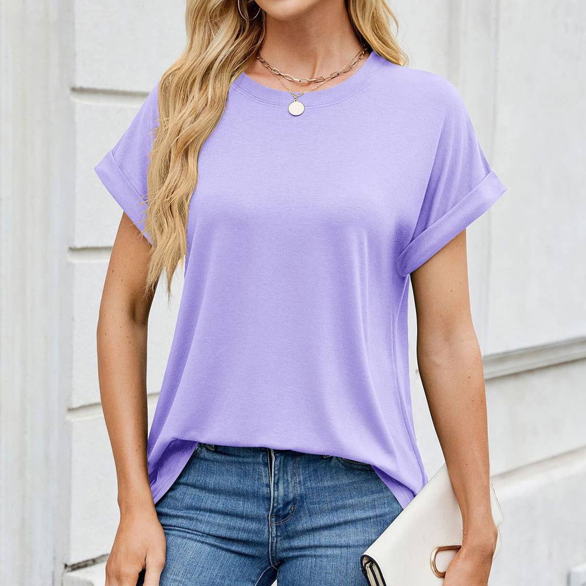 Solid color crew neck loose short-sleeved T-shirt_CWTBLS1875