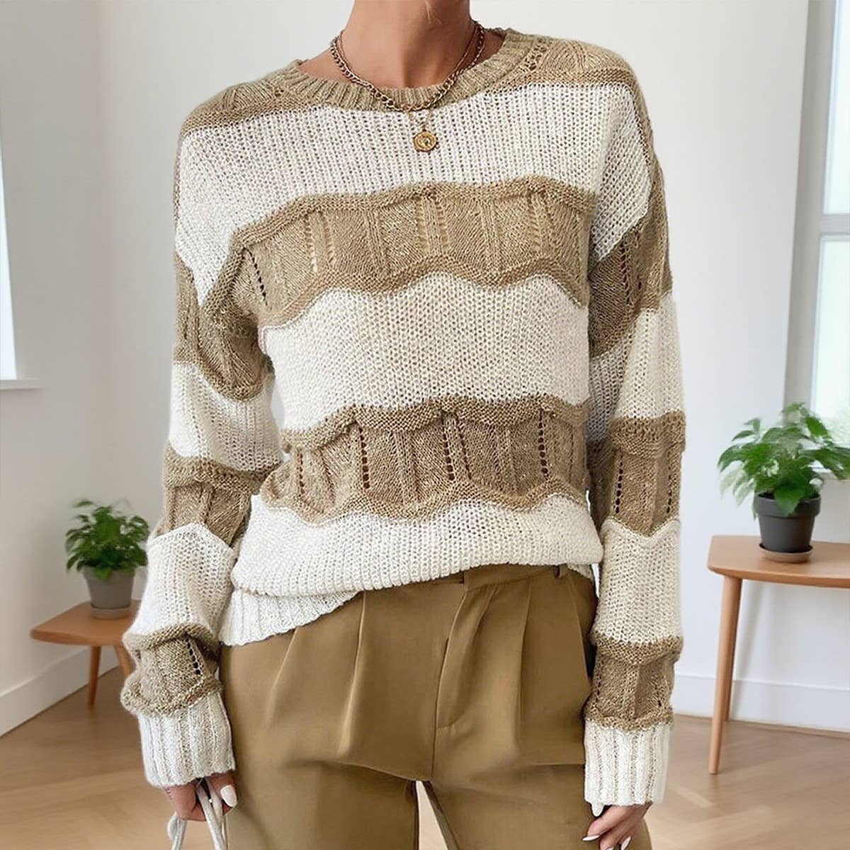 Three-dimensional striped tweed loose sweater