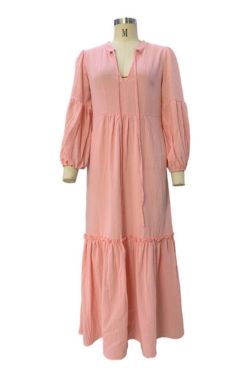 CWDMD2105_V-NECK BOHEMIAN COTTON AND LINEN LONG DRESS