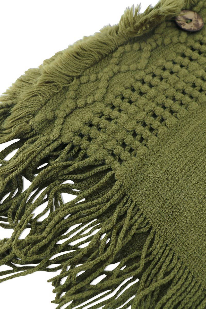 CWOSWL6438_V-NECK FRINGED HOODED MID-LENGTH CAPE KNITTED TOP