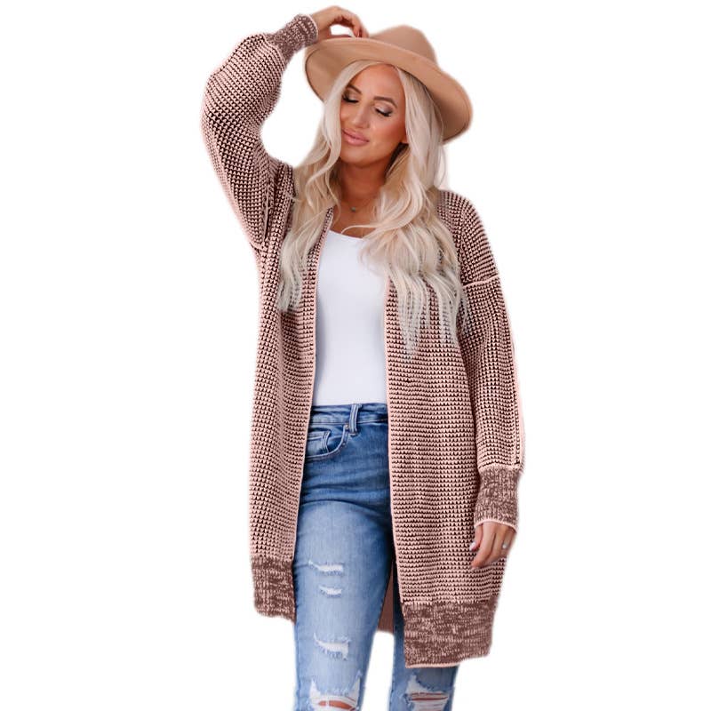 Solid color medium long knit cardigan jacket for women
