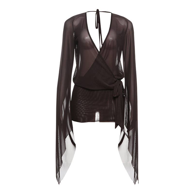 Sexy V-Neck Sheer Backless Strap Bodycon Skirt