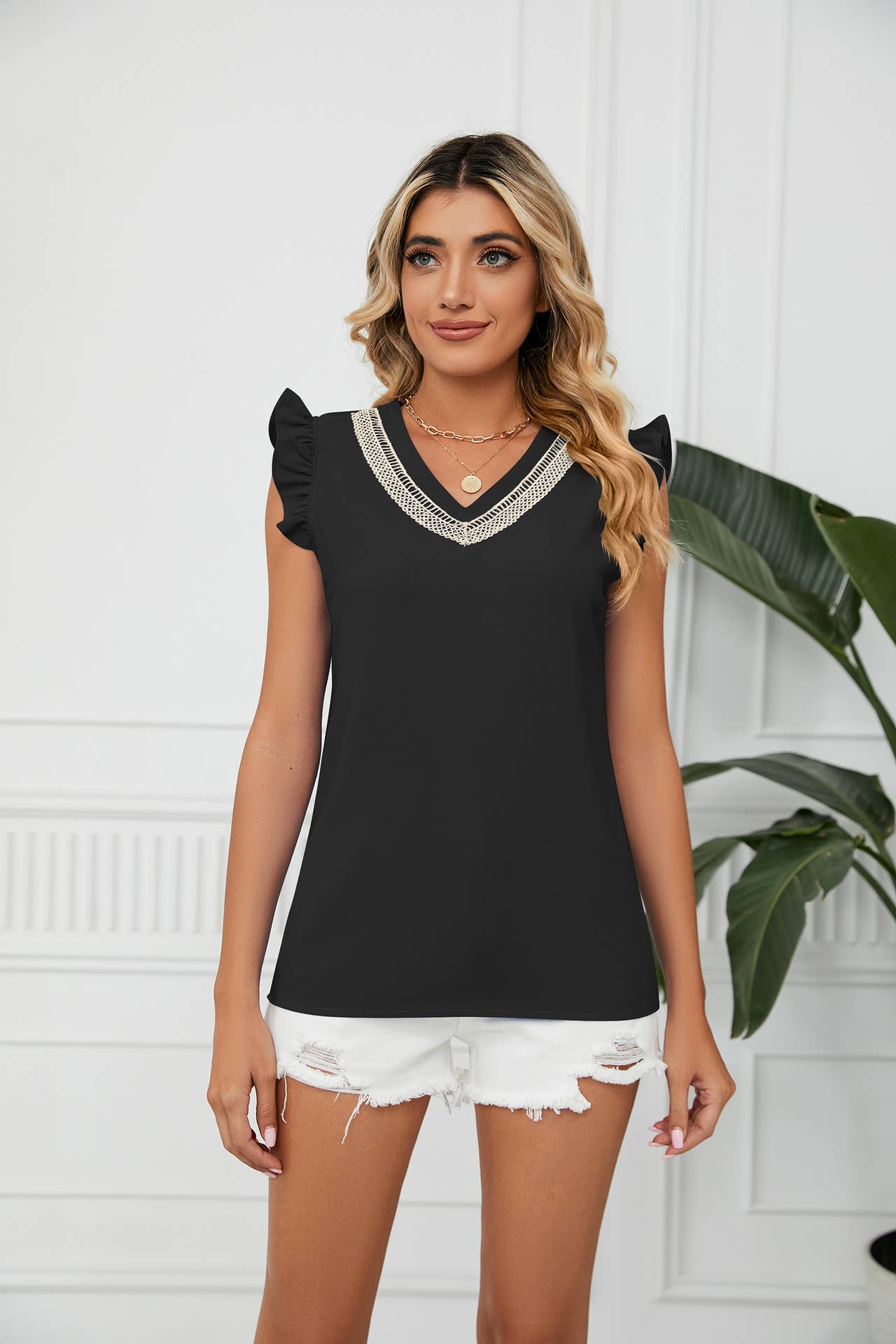 V-neck loose patchwork ruffled chiffon blouse