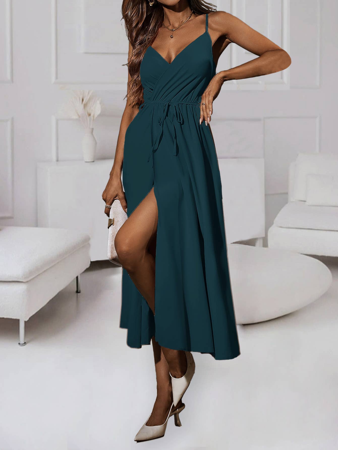 Long halter dress with solid color strap waist