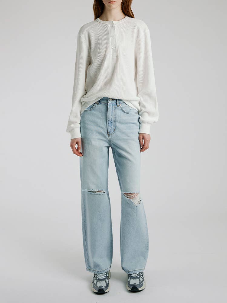 Waffle round-neck semi-open long-sleeved T-shirt