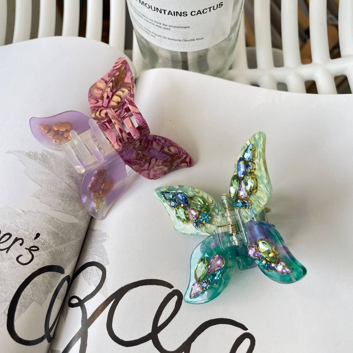 3D Butterfly Hair Claw, Rhinestone Floral Acetate _CWASC1583