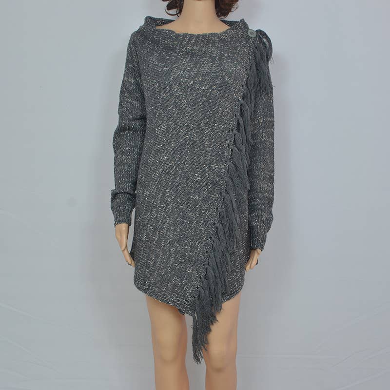 Solid color swing collar fringe mid-length sweater