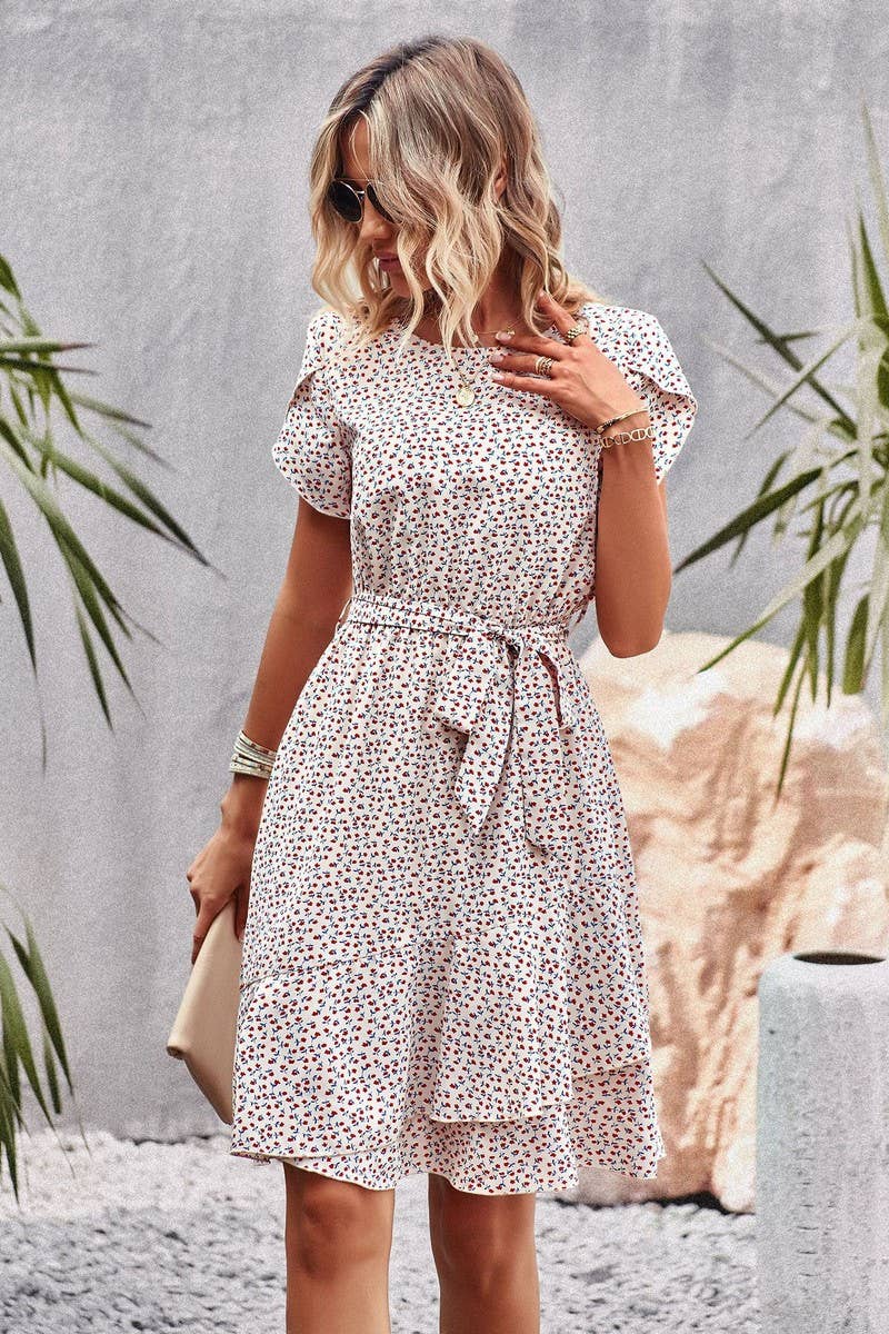 CWDSD2342_Round Neck Short Sleeve Tiered Waist Midi Dress