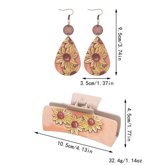 WESTERN CACTUS LEATHER HAIR CLAW CLIPS EARRING SET_CWAHA0589