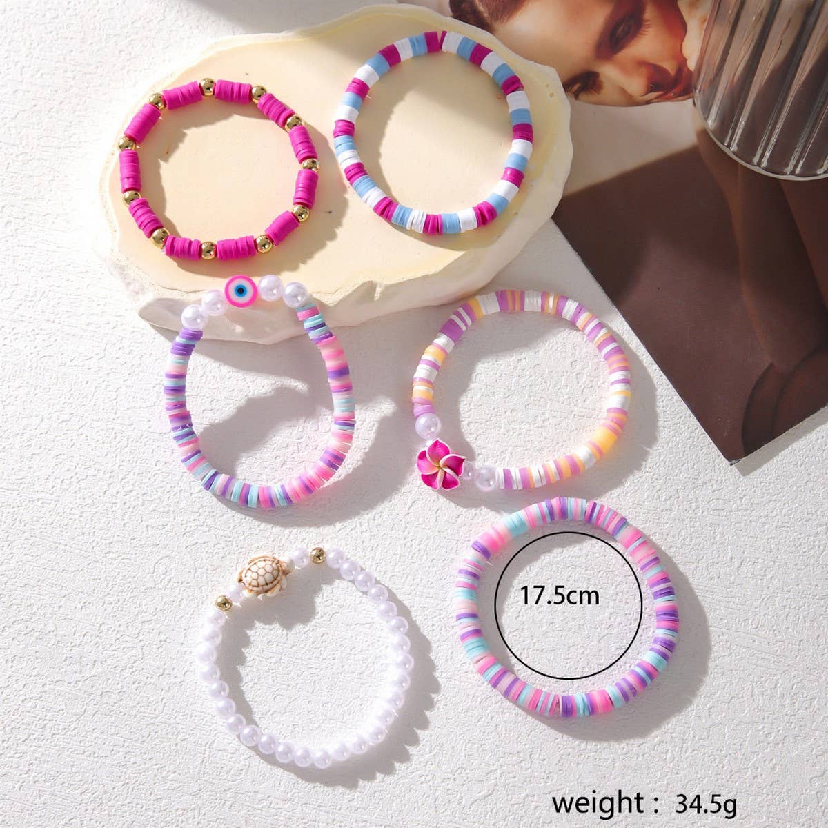 COLORFUL POLYMER CLAY FLOWER SHELL BRACELET SET