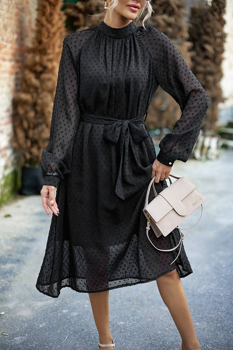 JACQUARD MESH LACE-UP WAIST ROUND NECK LONG DRESS