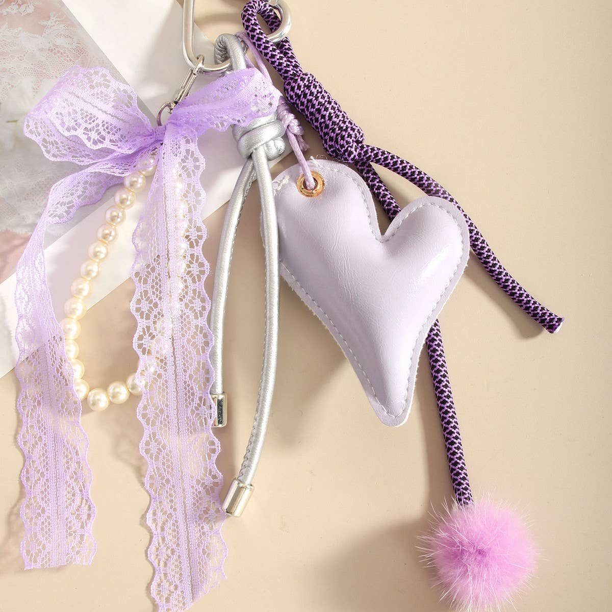 Elegant Purple Heart Bow Pearl Keychain
