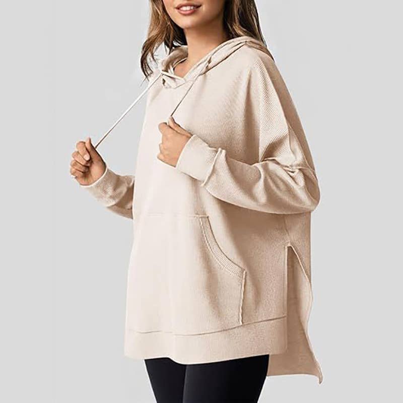 WOMEN'S LONG-SLEEVED WAFFLE POCKET HOODED JUMPER
