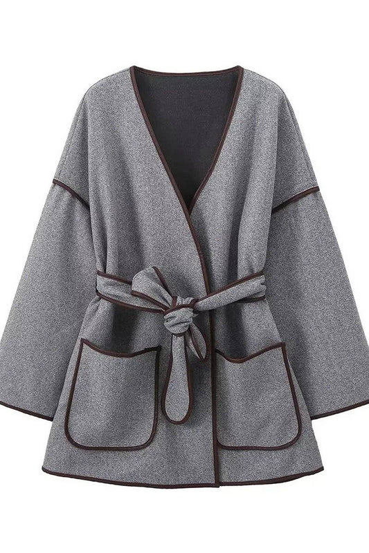 CWOCO1067_LOOSE RETRO GREY BELTED WOOLEN COAT