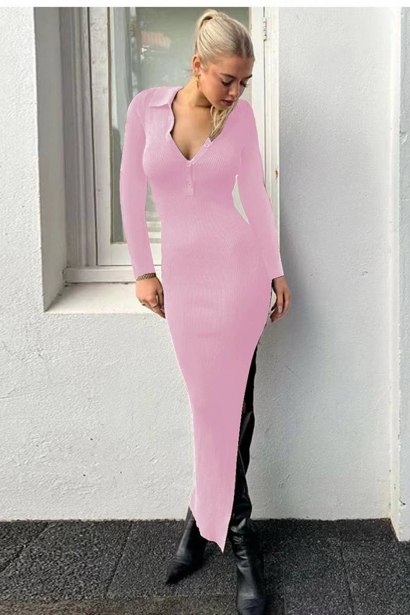 CWDMD4903_SLIM FIT POLO NECK RIBBED LONG SLEEVE SLIT DRESS