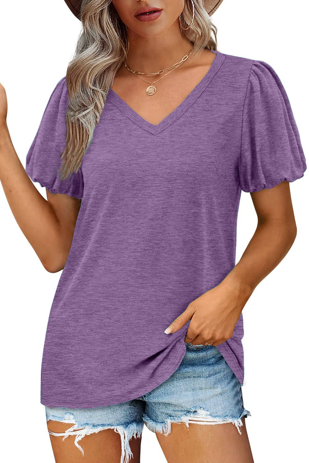 V-NECK LANTERN SLEEVE SOLID SHORT-SLEEVED TOP